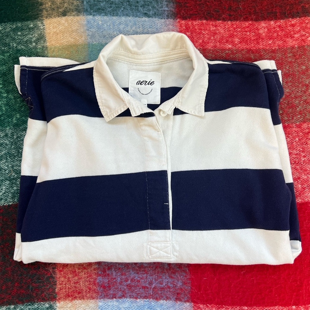 aerie Navy and White Striped Long Sleeve Rugby Top